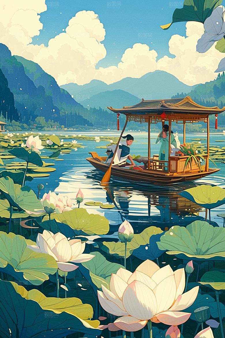 夏日赏荷游船高清插画