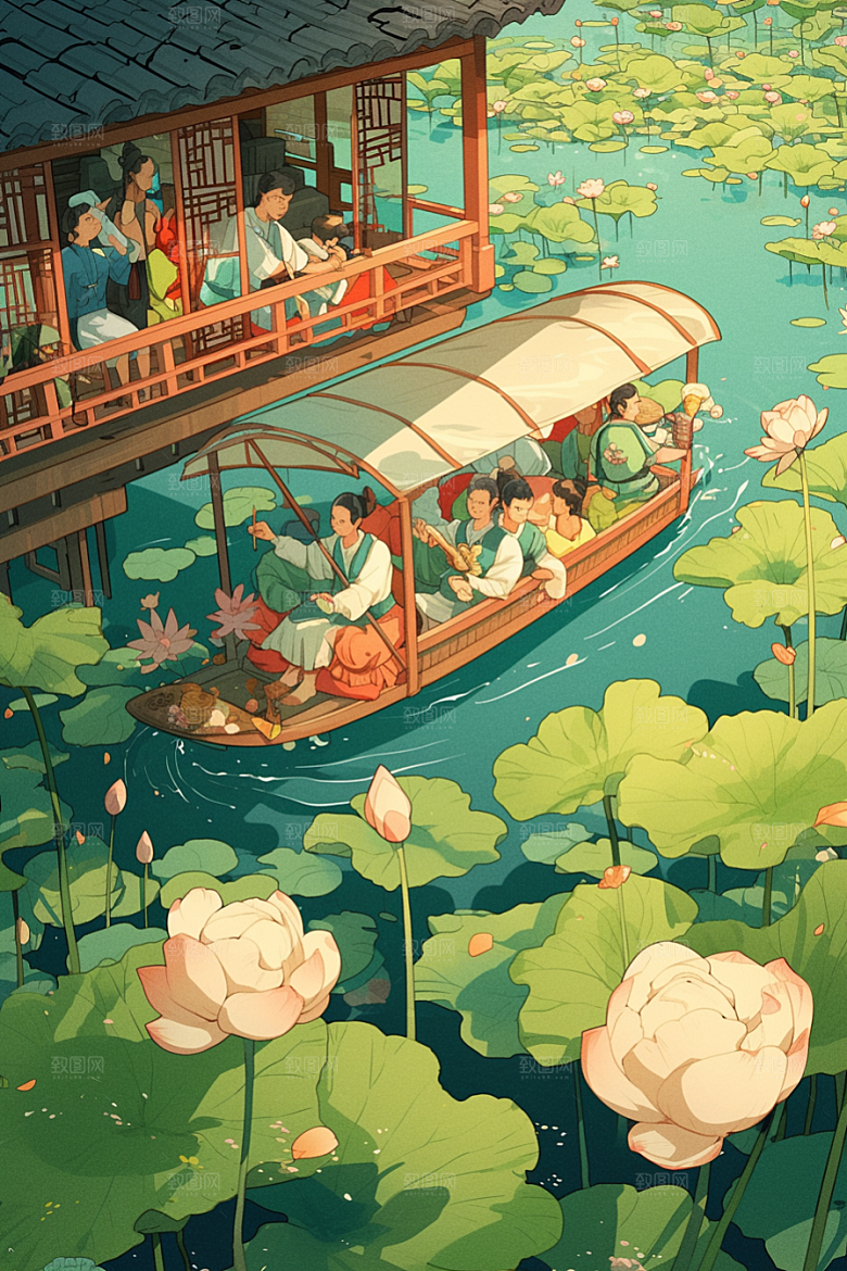 夏日赏荷乘船莲华插画