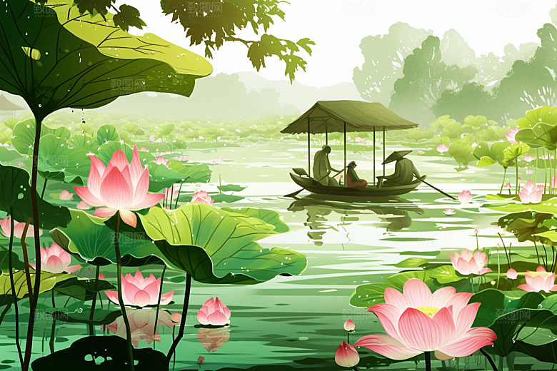 夏日赏荷自然手绘插画
