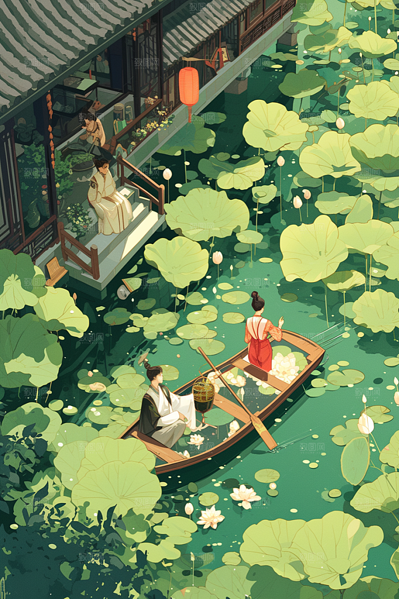 夏日赏荷池塘荷塘插画