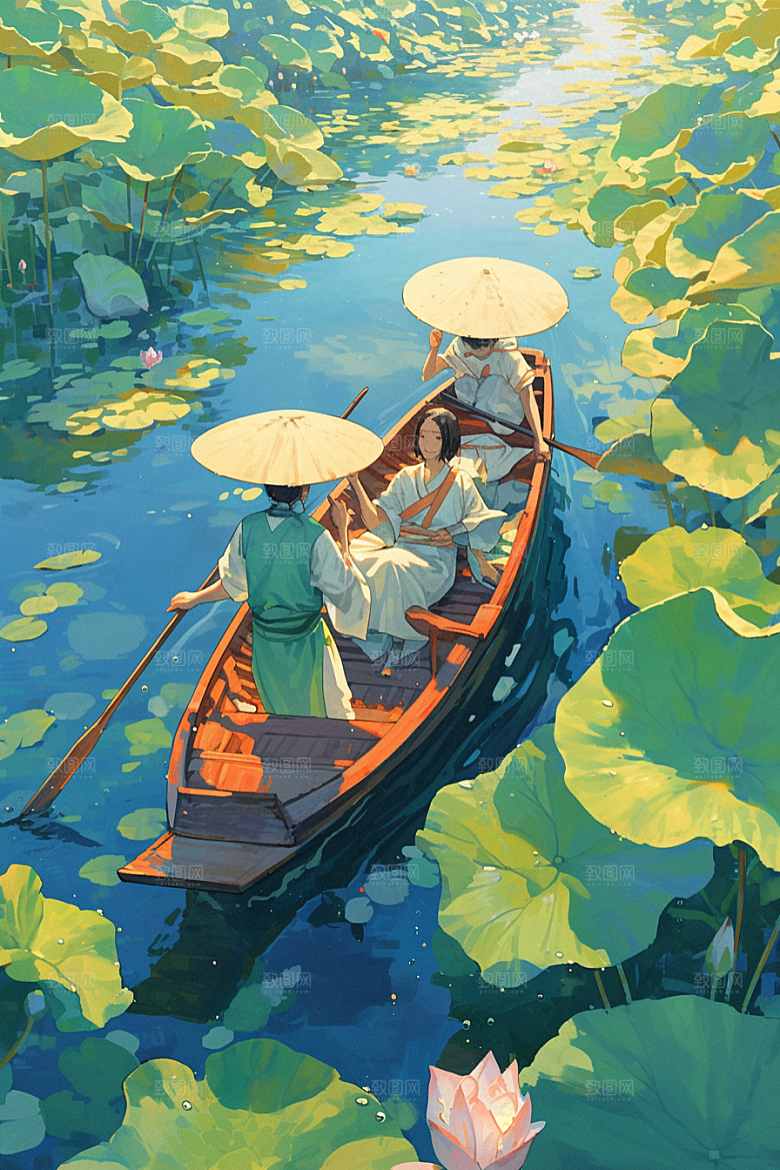 夏日赏荷荷塘中国风插画