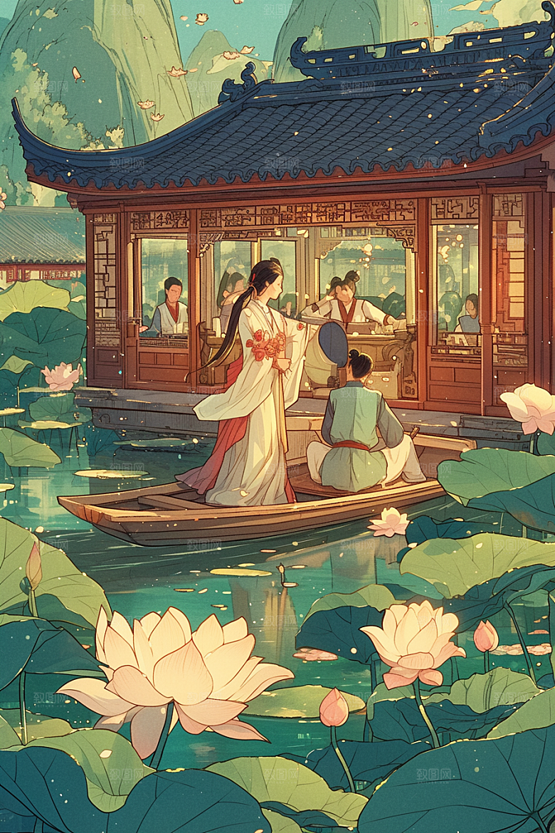 夏日赏荷手绘中国风插画