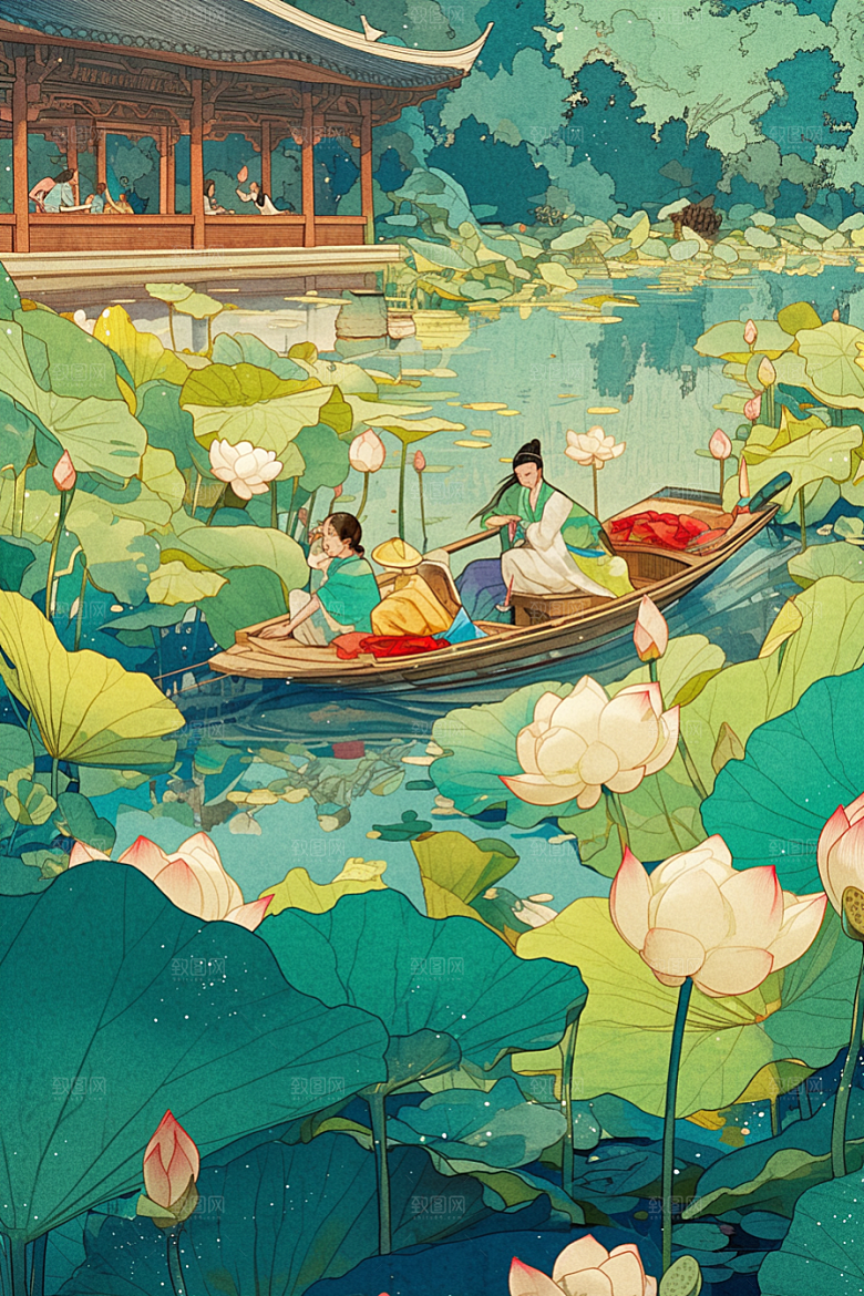夏日赏荷景色池塘插画