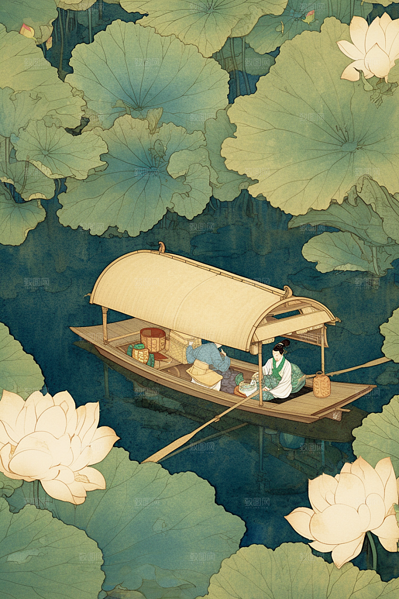 夏日赏荷美景自然插画