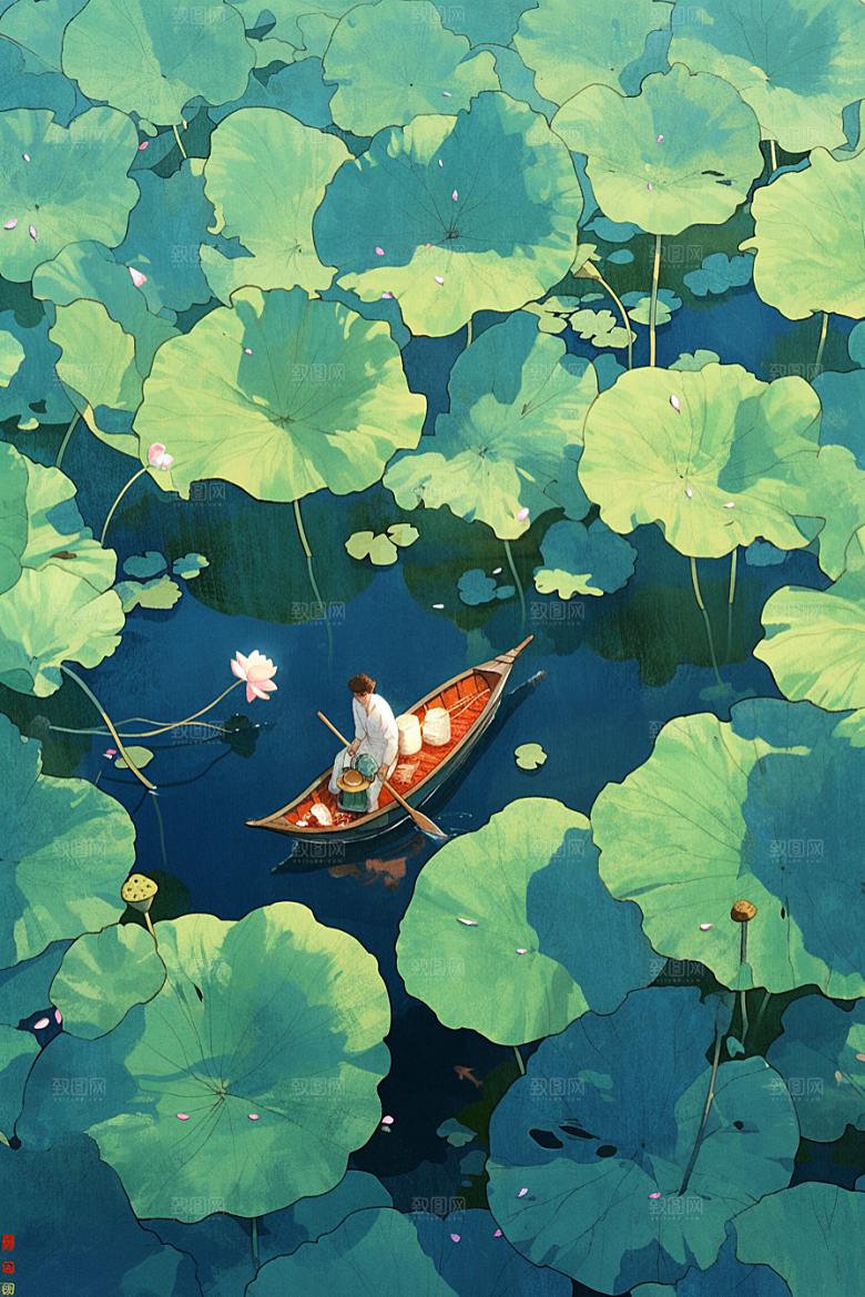 夏日赏荷中国风景色插画