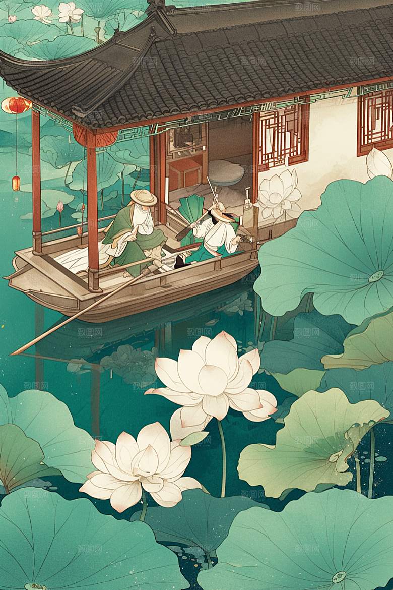 夏日赏荷美景夏季插画