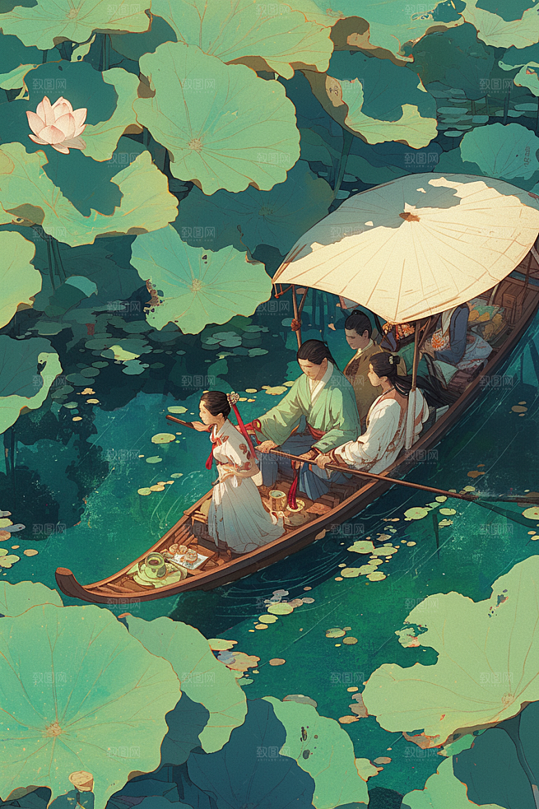 夏日赏荷荷塘乘船插画
