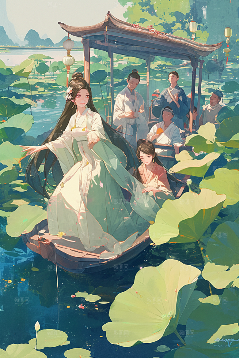 夏日赏荷美景赏花插画