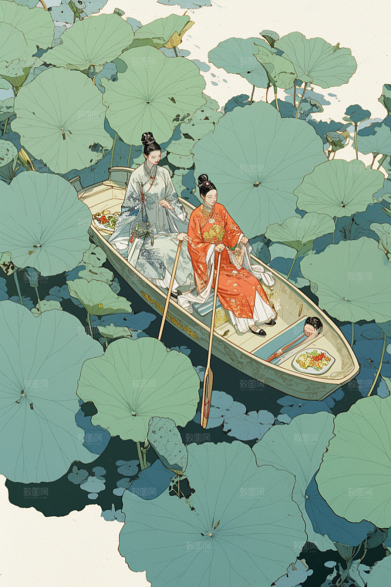 夏日赏荷荷花莲华插画