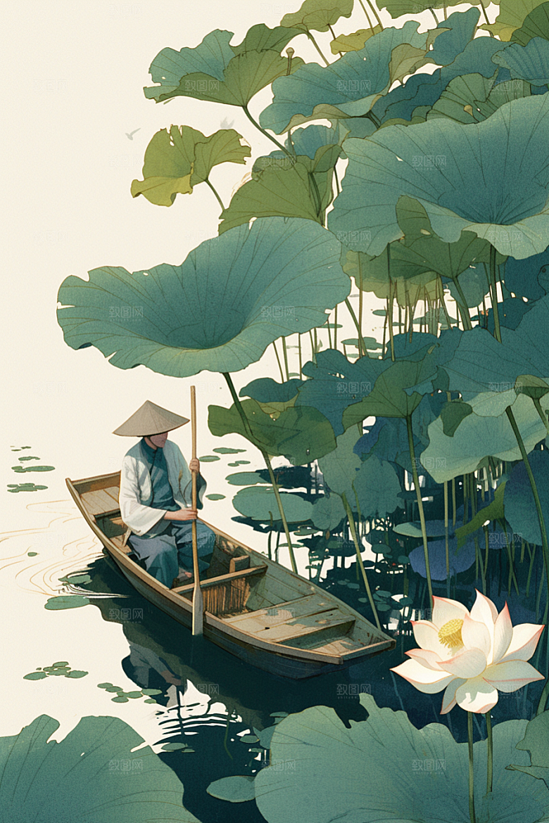 夏日赏荷中国风自然插画