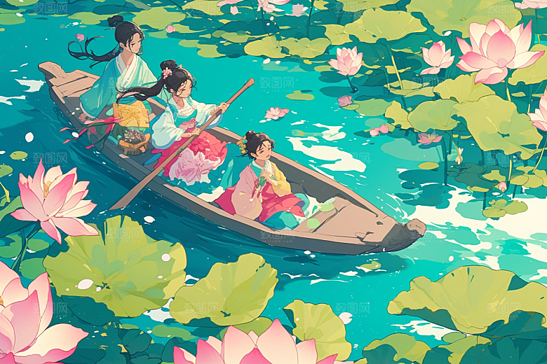 夏日赏荷乘船夏季插画