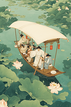 夏日赏荷荷塘夏天插画