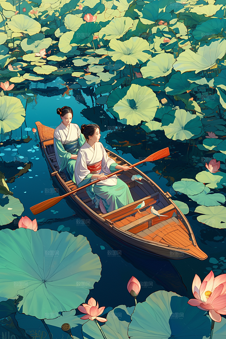 夏日赏荷池塘夏季插画