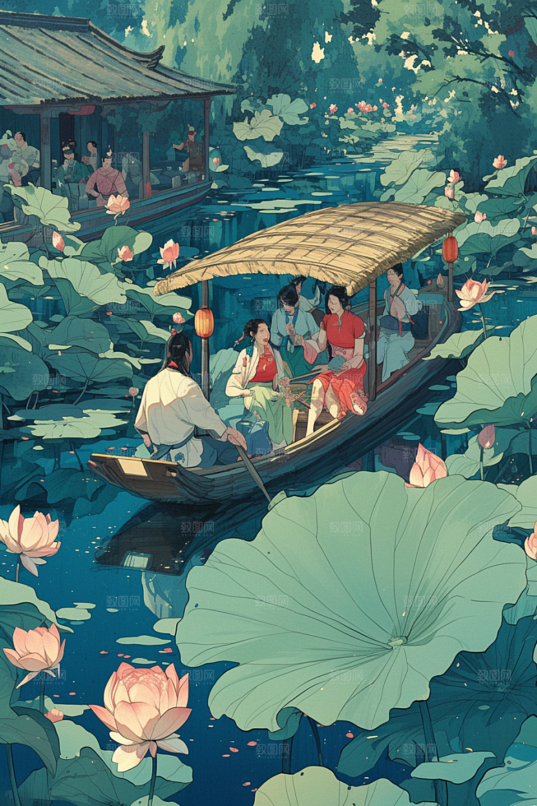 夏日赏荷乘船高清插画
