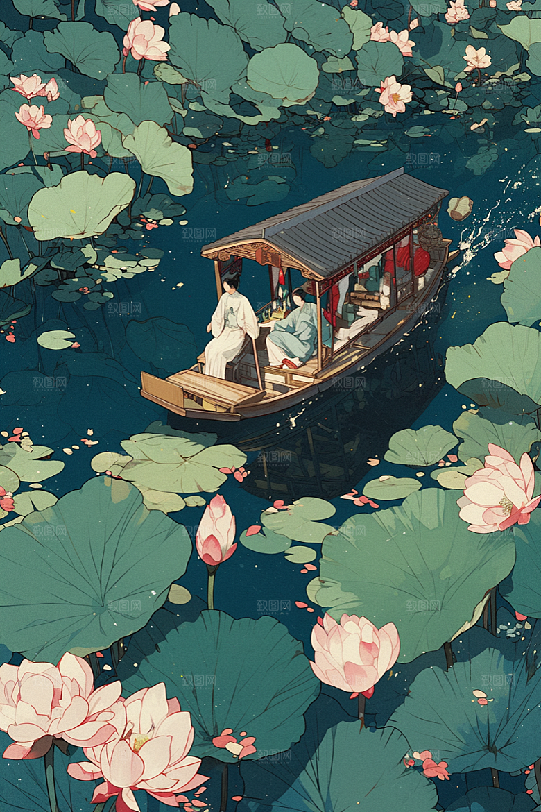 夏日赏荷池塘景色插画
