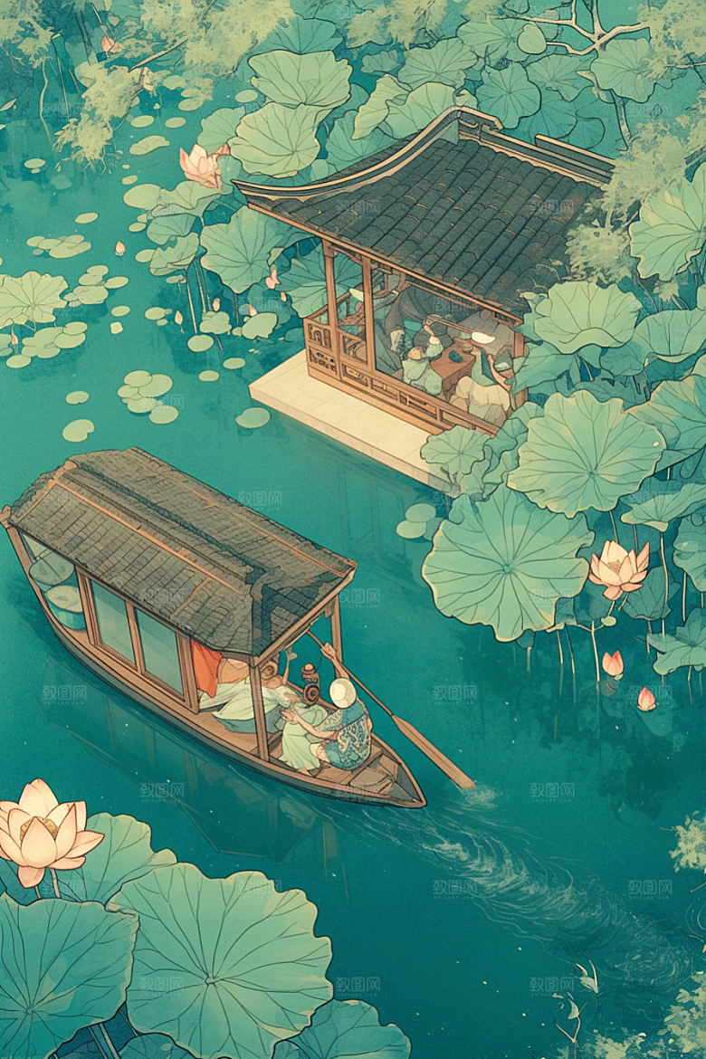 夏日赏荷自然夏季插画