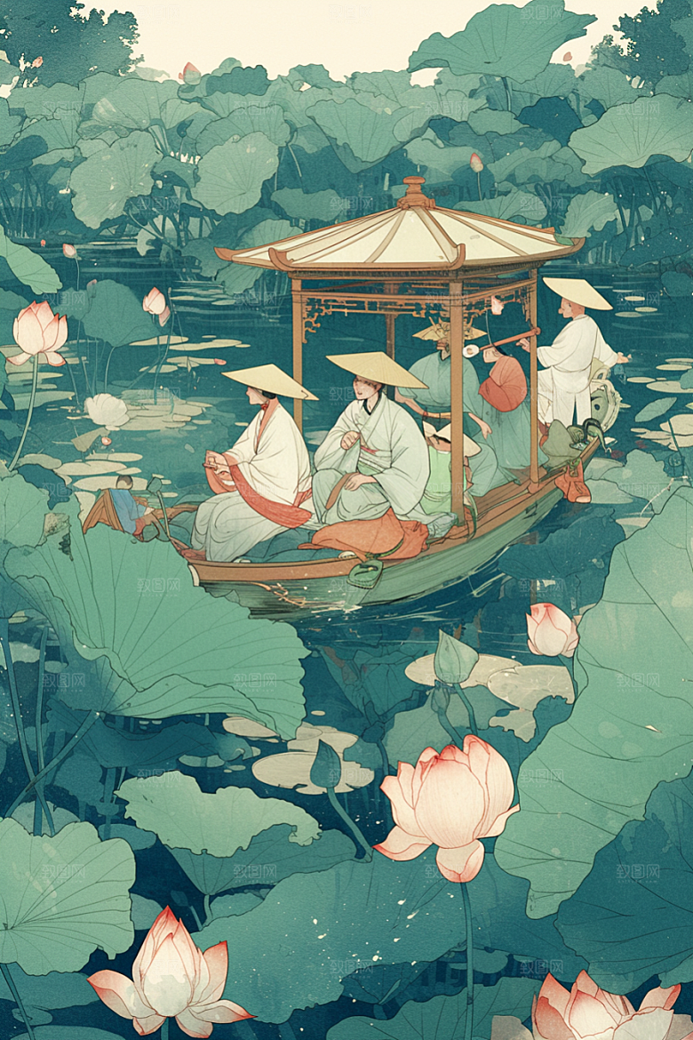 夏日赏荷赏花夏天插画