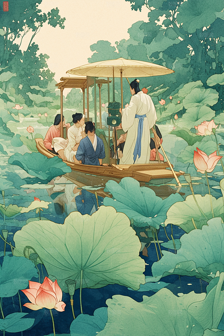 夏日赏荷游船池塘插画