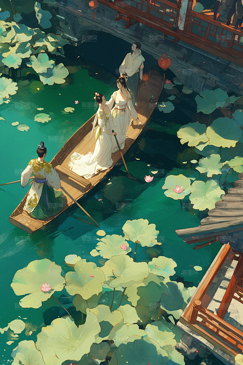 夏日赏荷乘船景色插画