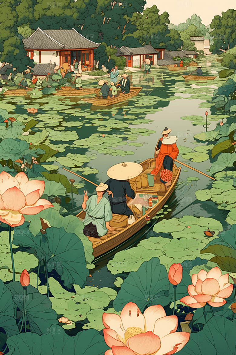 夏日赏荷莲华荷塘插画