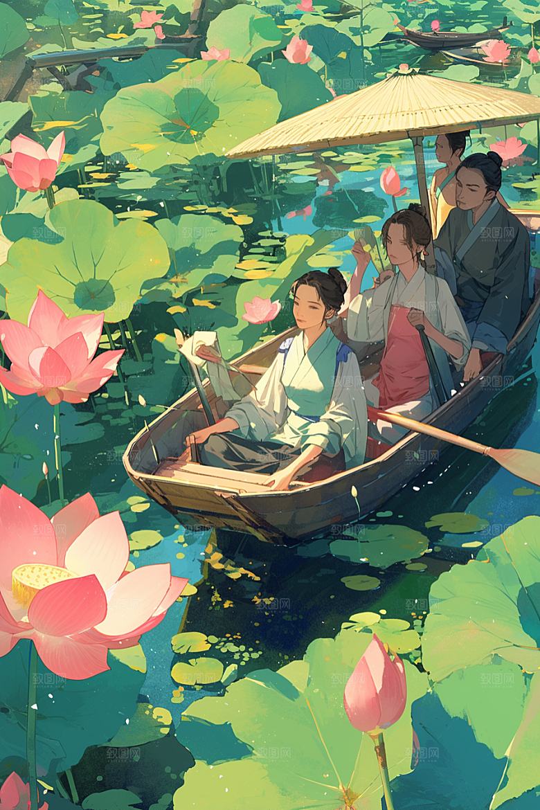 夏日赏荷荷花乘船插画
