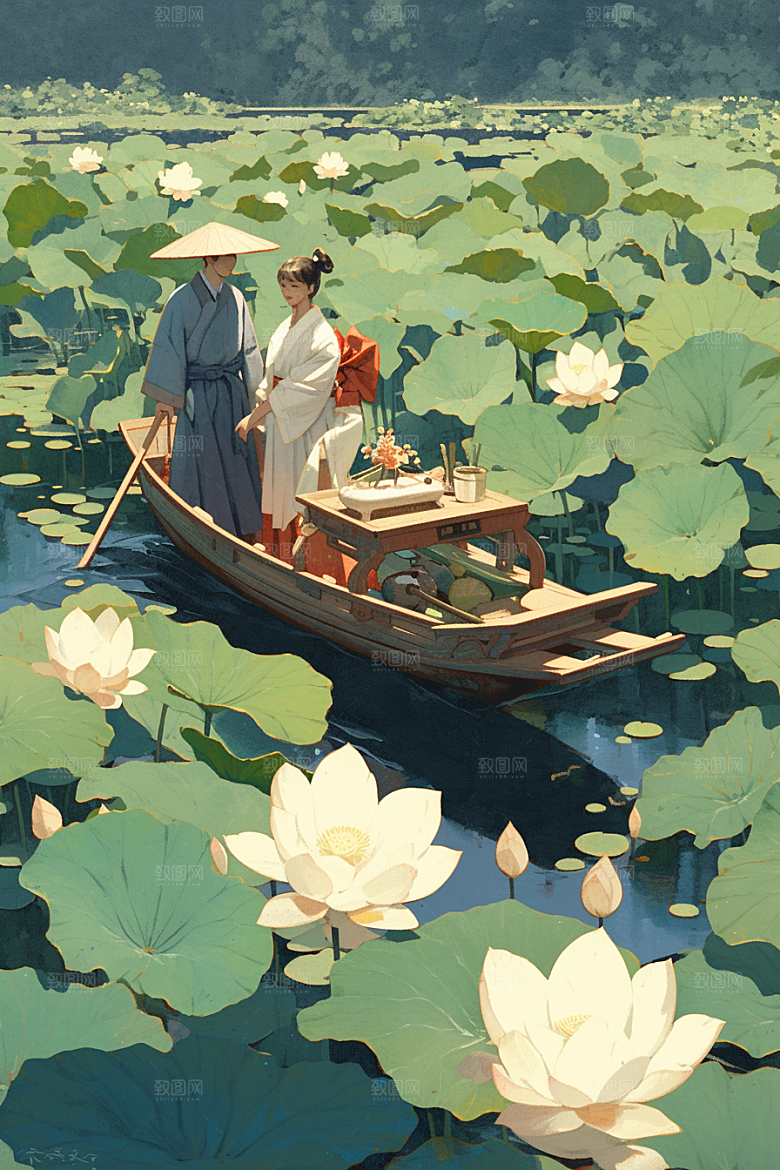 夏日赏荷美景中国风插画
