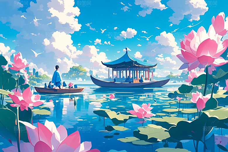 夏日赏荷池塘美景插画