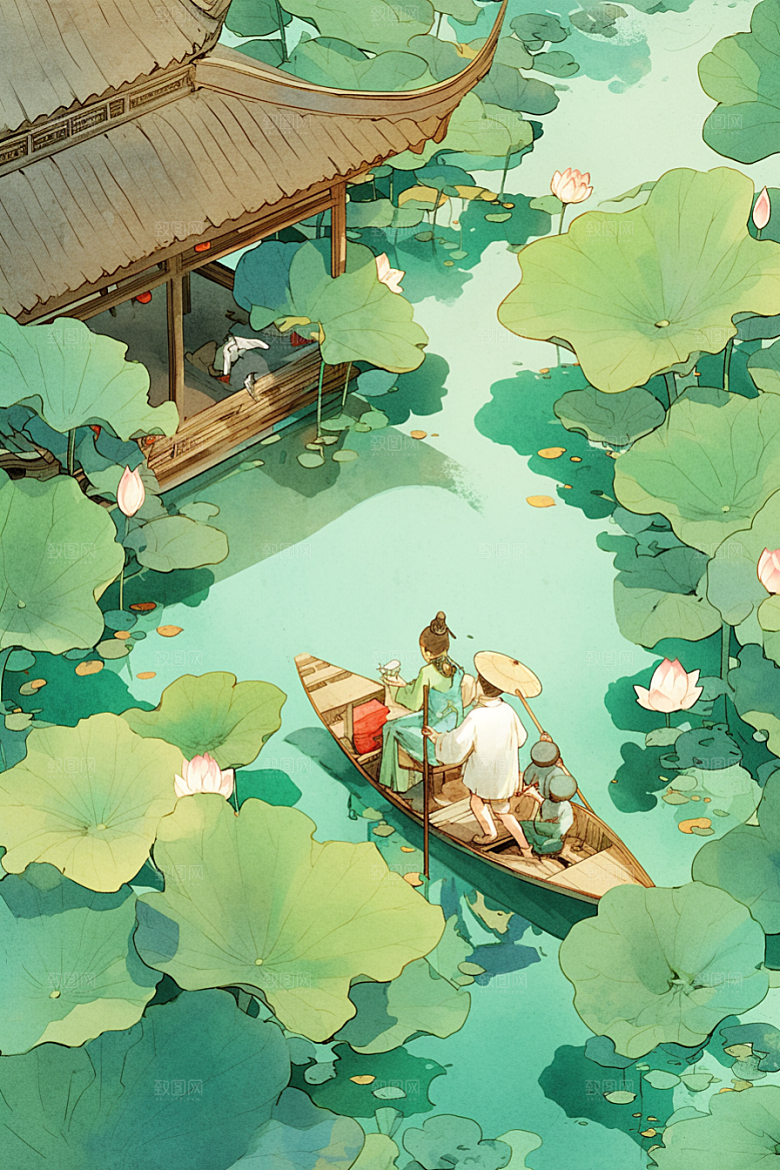 夏日赏荷池塘乘船插画