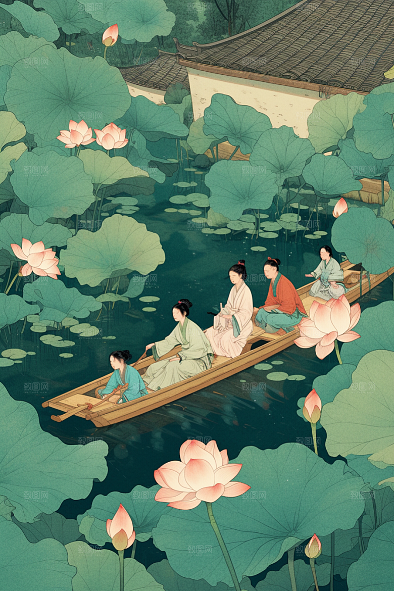 夏日赏荷中国风景色插画