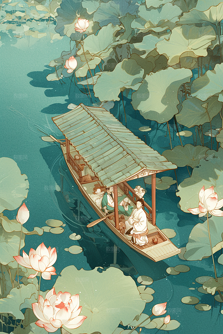 夏日赏荷夏季手绘插画