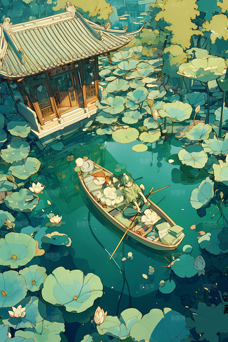 夏日赏荷荷塘夏季插画