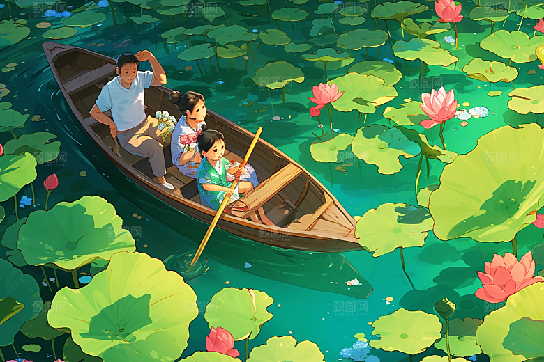 夏日赏荷夏天池塘插画