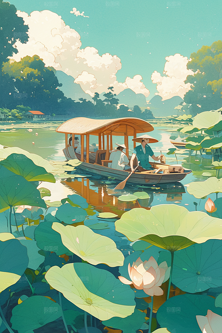 夏日赏荷莲华乘船插画