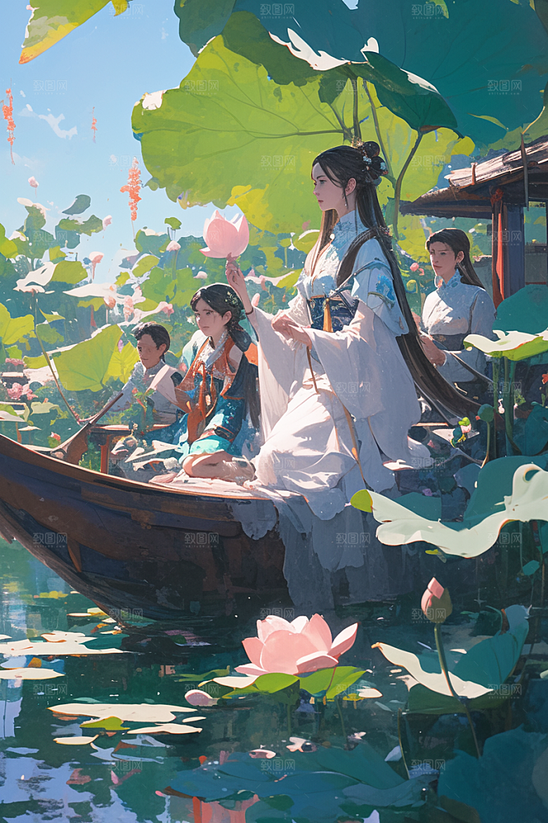 夏日赏荷池塘夏天插画