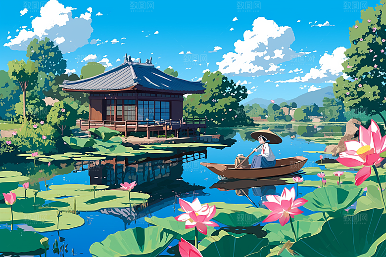 夏日赏荷荷花景色插画