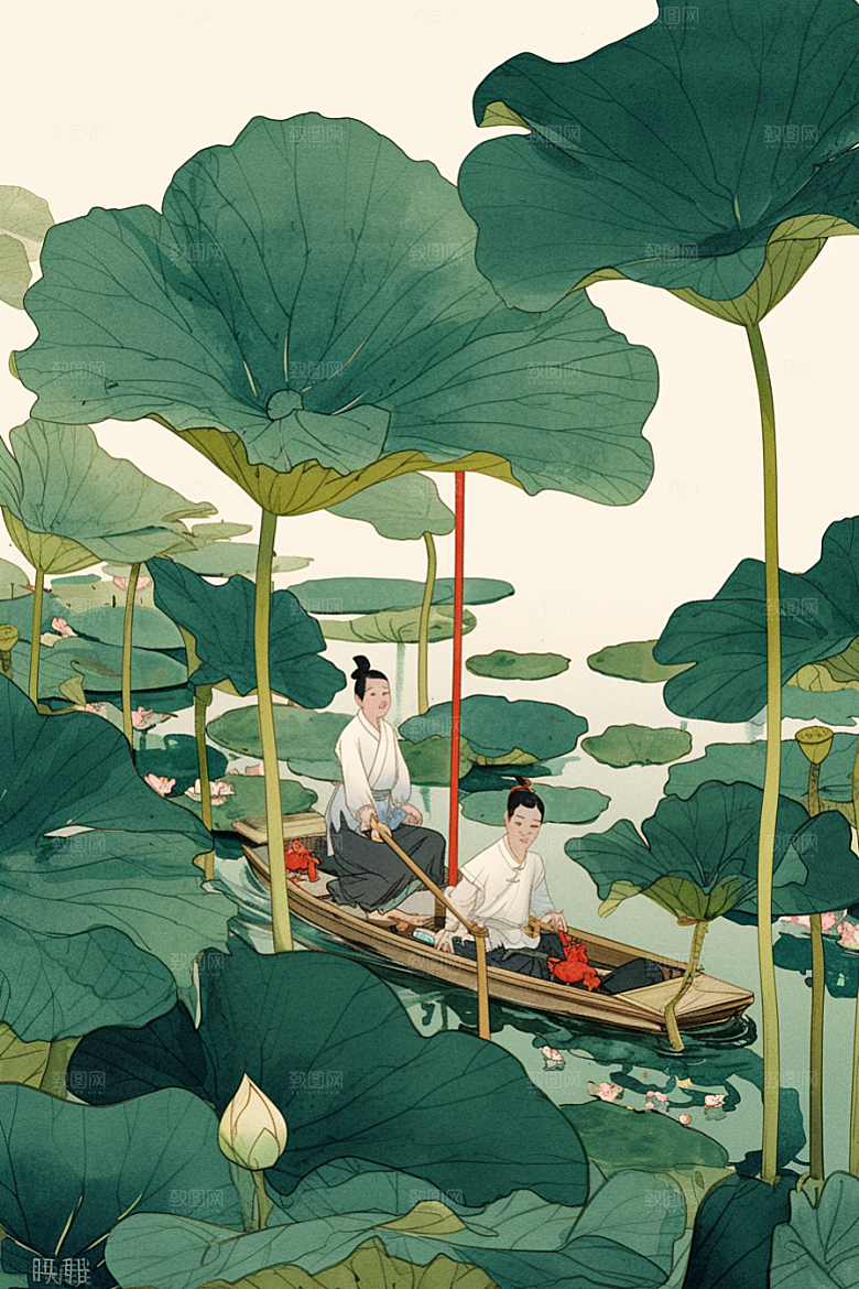 夏日赏荷景色夏天插画