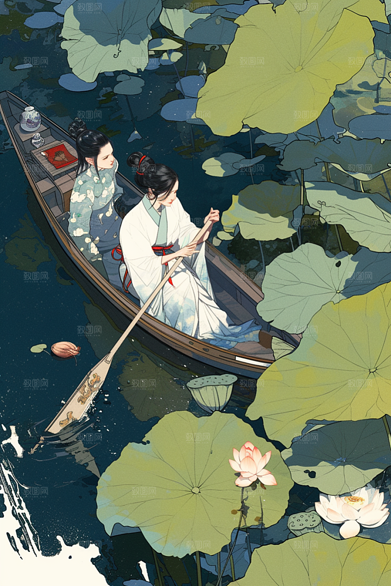 夏日赏荷夏天乘船插画