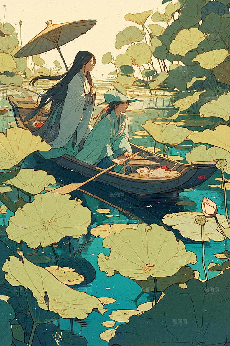 夏日赏荷莲华美景插画