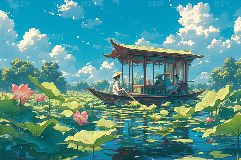 夏日赏荷赏花景色插画