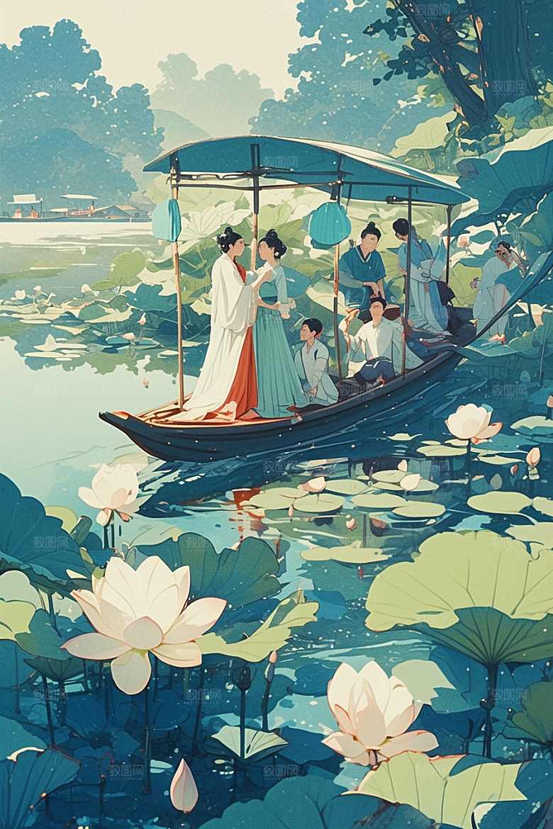 夏日赏荷美景赏花插画