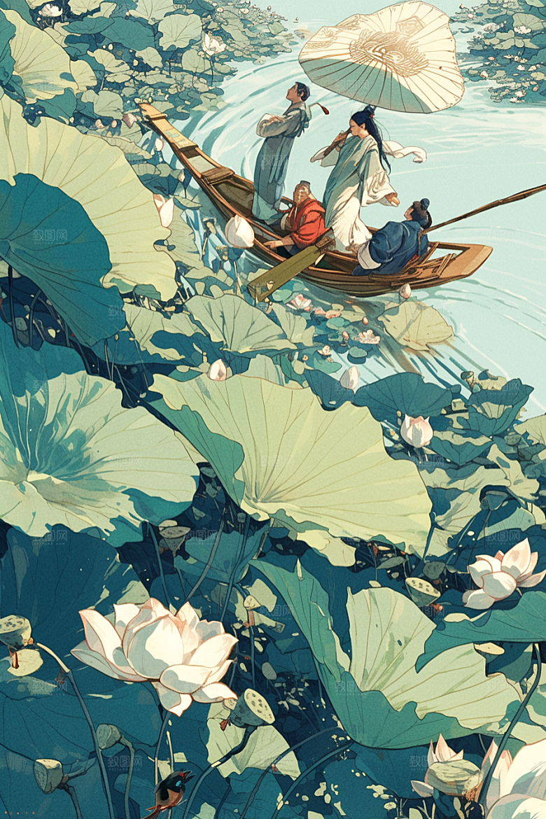 夏日赏荷池塘高清插画