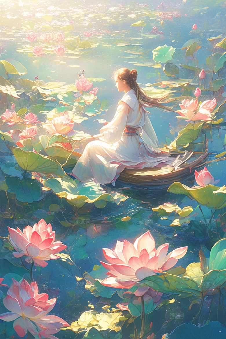 夏日赏荷美景池塘插画