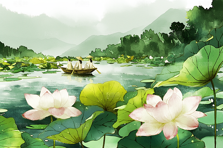夏日赏荷夏天乘船插画