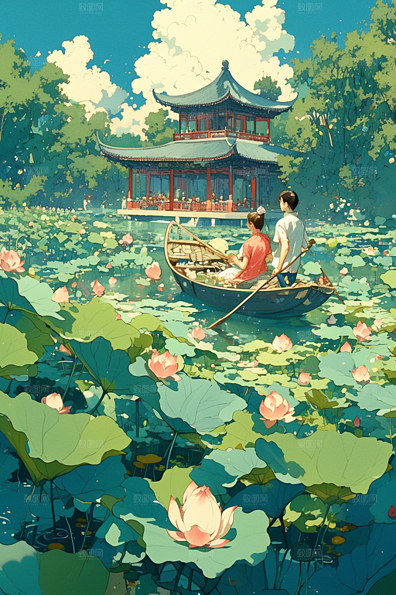 夏日赏荷夏天夏季插画