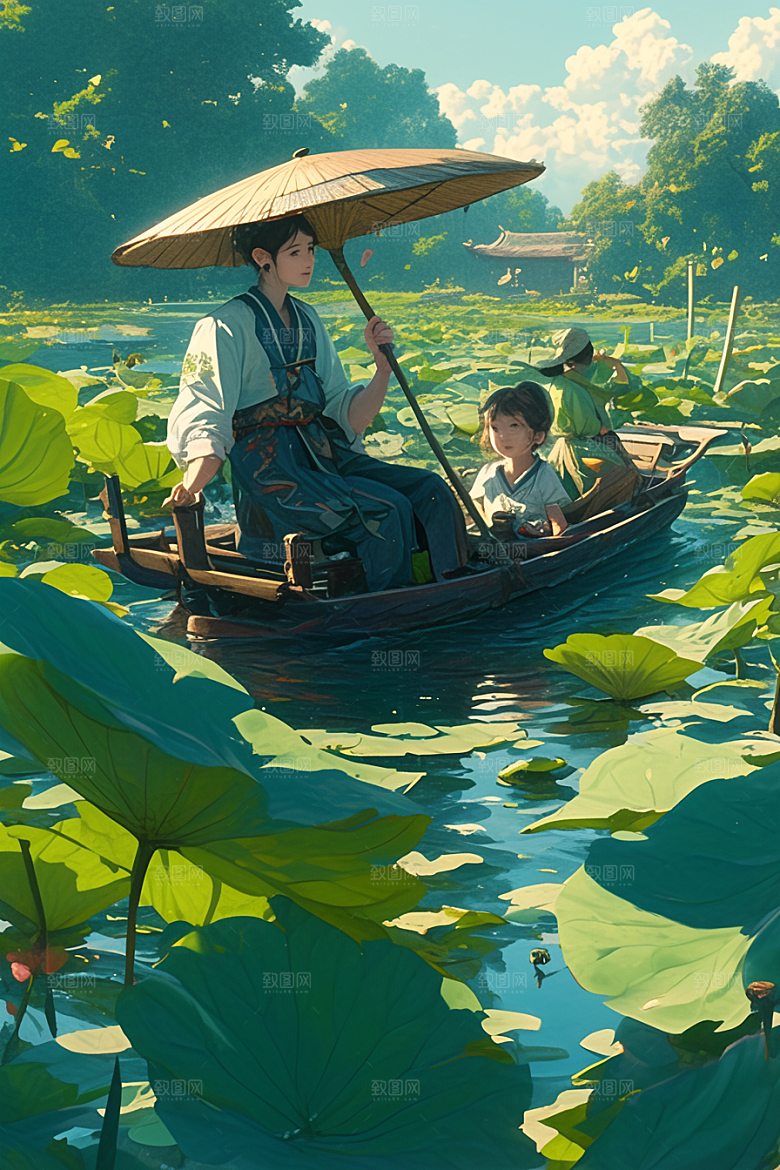 夏日赏荷乘船手绘插画
