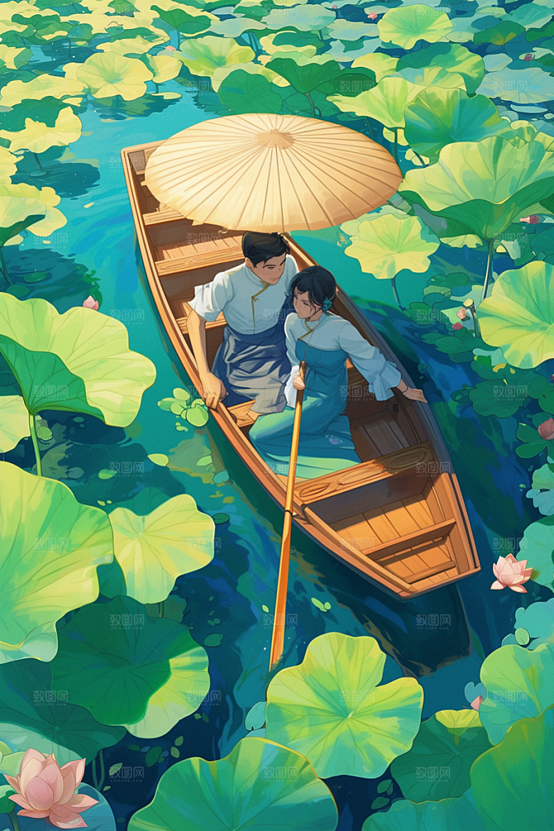 夏日赏荷游船池塘插画