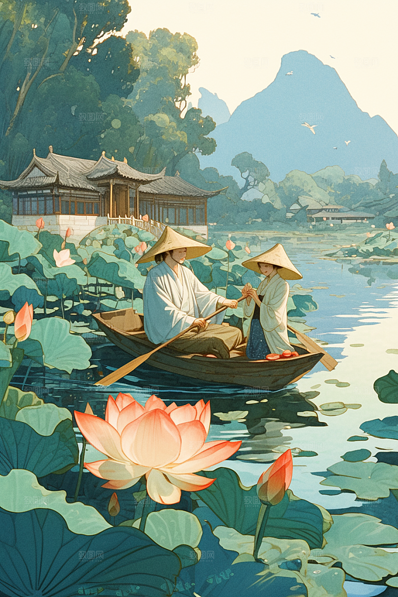 夏日赏荷乘船荷花插画