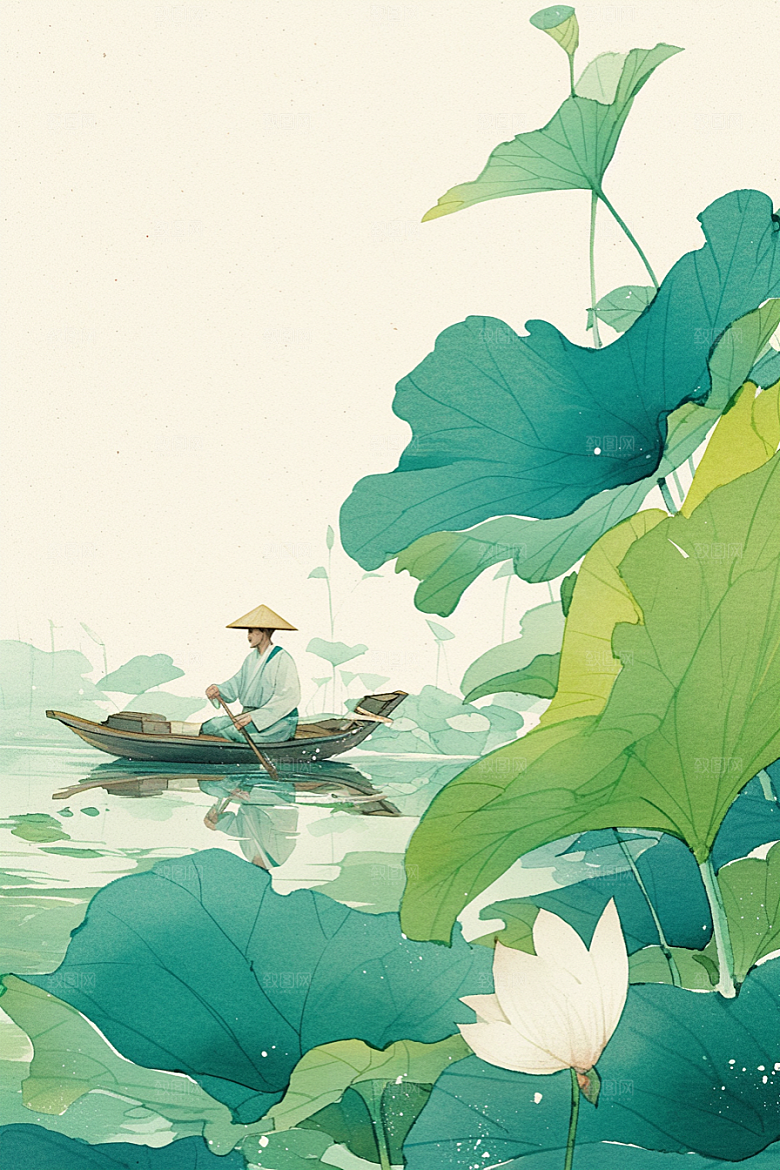 夏日赏荷中国风游船插画