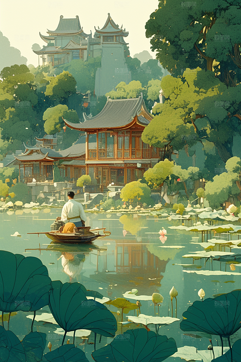 夏日赏荷美景夏季插画