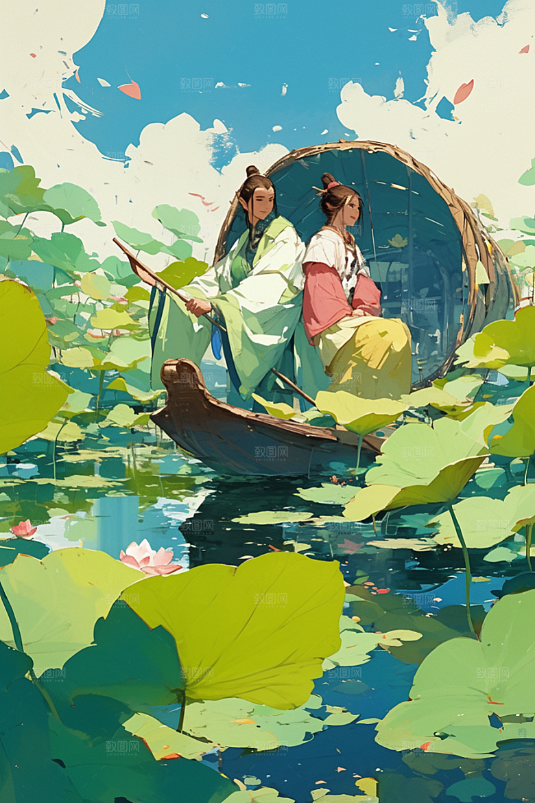 夏日赏荷景色美景插画